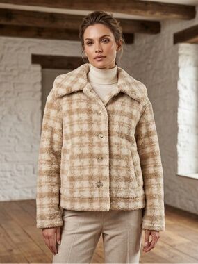 Blu Pepper Cream Plaid Teddy Jacket Cozy Meets Classic Cropped Boxy Silhouette